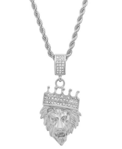 STEELTIME Men's Stainless Steel Simulated Diamond Crowned Lion's Head 30" Pendant Necklace