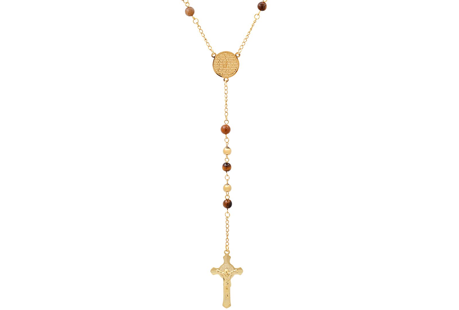 STEELTIME Men's Gold-Tone Lords Tiger's Eye Prayer Rosary Lariat 30" Necklace