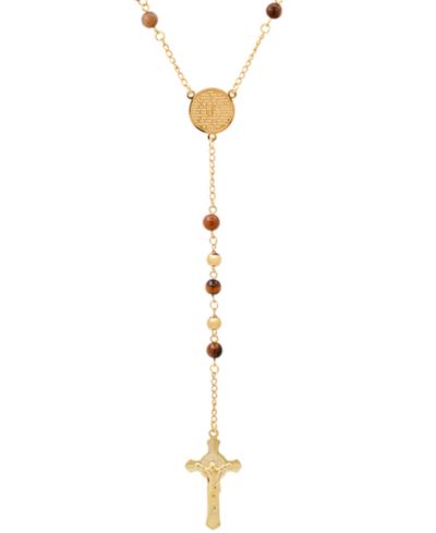 STEELTIME Men's Gold-Tone Lords Tiger's Eye Prayer Rosary Lariat 30" Necklace