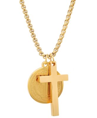 STEELTIME Men's Stainless Steel Cross and St. Benedict Religious 24" Pendant Necklace