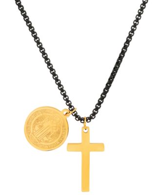 STEELTIME Men's Black-Tone IP & 18k Gold-Plated Stainless Steel Cross and St. Benedict Religious 24" Pendant Necklace