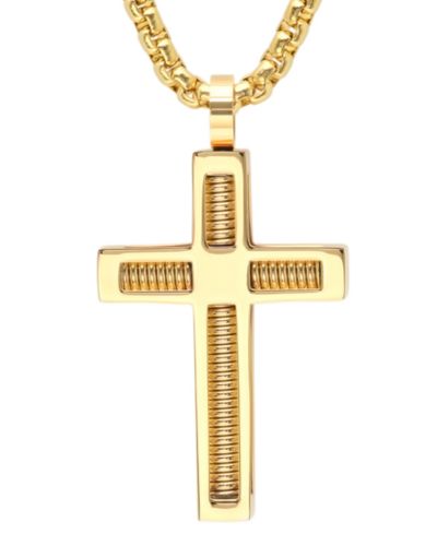 STEELTIME Men's 18k Gold-Plated Stainless Steel Spring Inlay Cross 24" Pendant Necklace