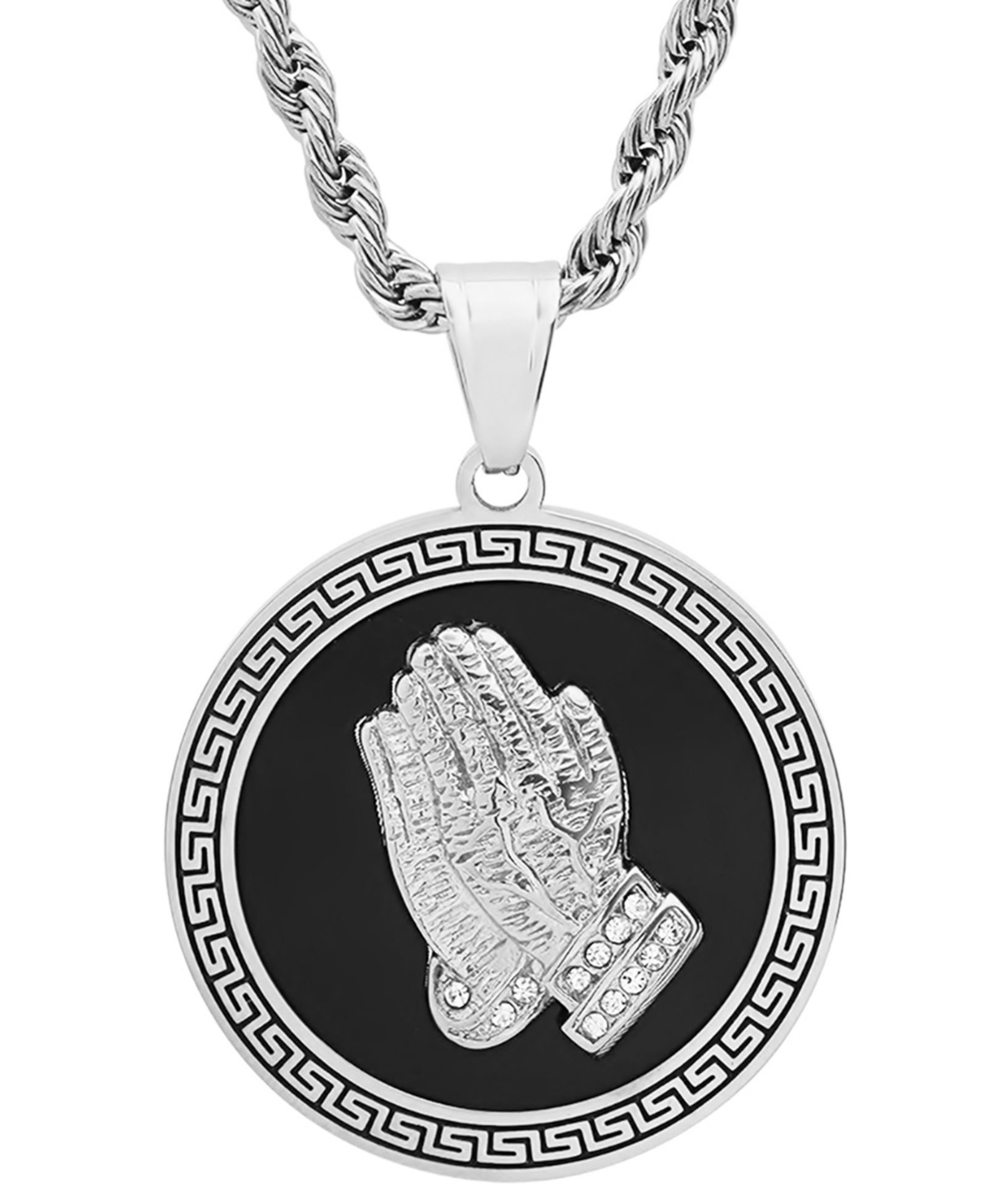 Мужской кулон STEELTIME из нержавеющей стали с молитвенной рукой и греческим орнаментом 24"