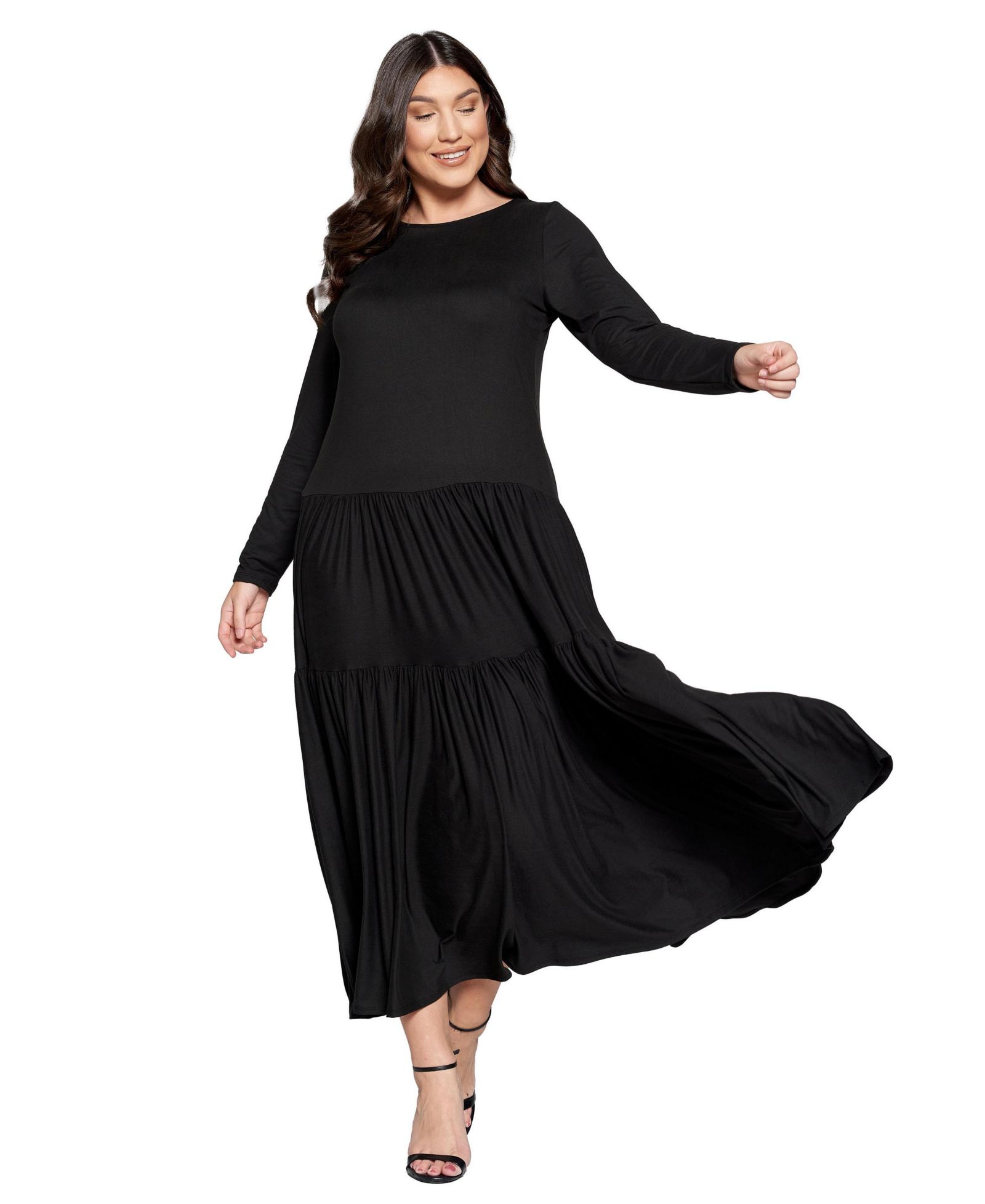L I V D Plus Size Tiered Maxi Dress with Long Sleeves