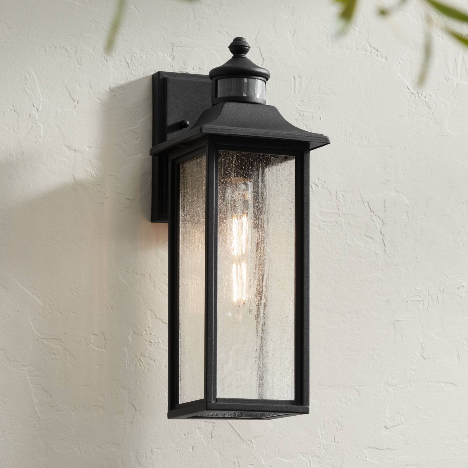 John Timberland Mission Outdoor Wall Light Fixture Black Dusk to Dawn Motion Sensor 16 1/2" Seeded Glass for Exterior House Porch