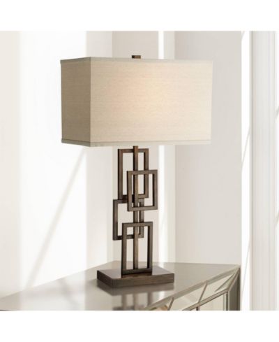 Possini Euro Design Kory Modern Industrial Table Lamp 26 1/2" High Dark Bronze Metal Sculptural Stacked Geometric Off White Shade Bedroom Living Room