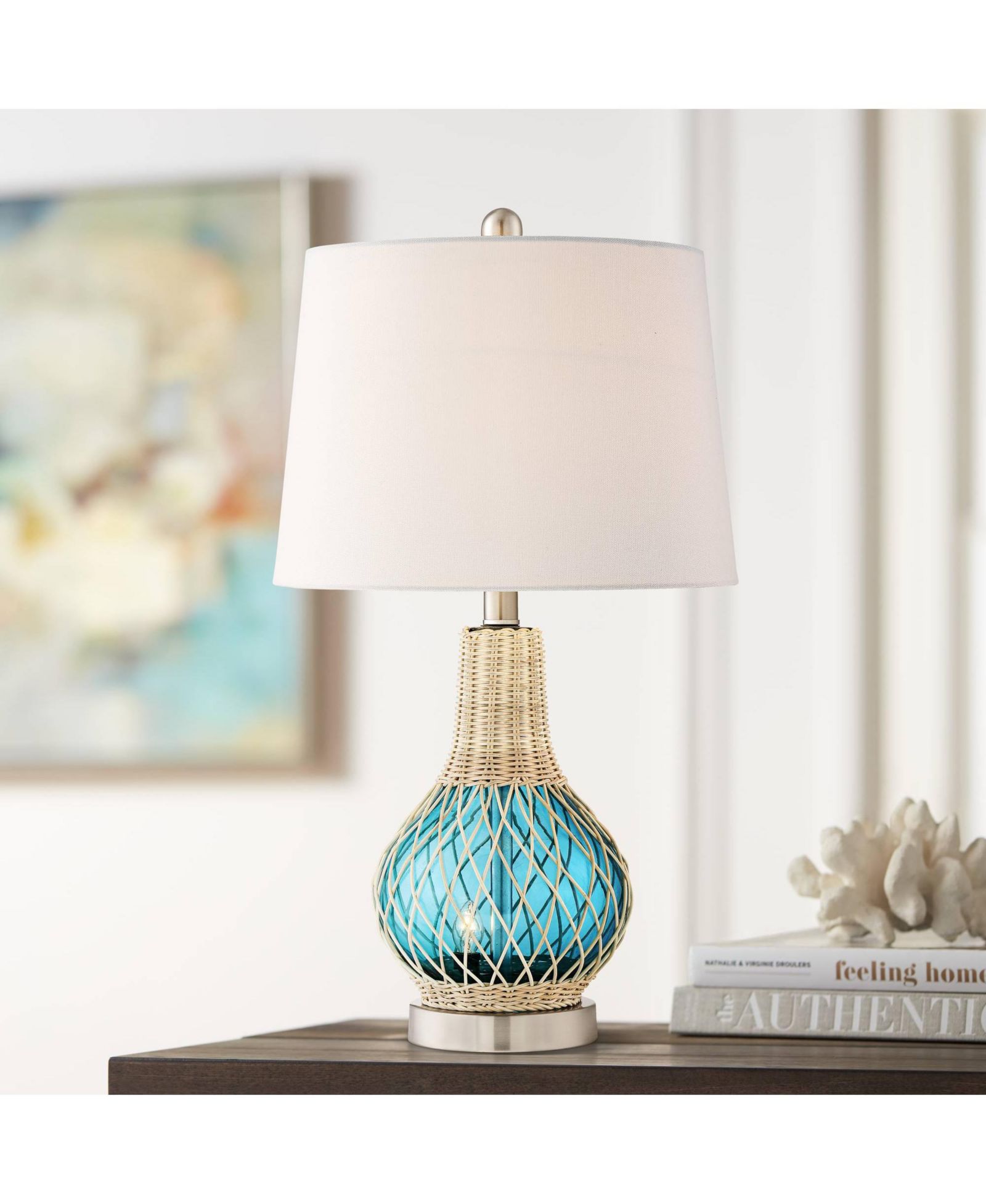 360 Lighting Alana Coastal Accent Table Lamp 22 3/4" High Rope Glass Gourd with Nightlight LED Fabric Drum Shade for Bedroom Living Room