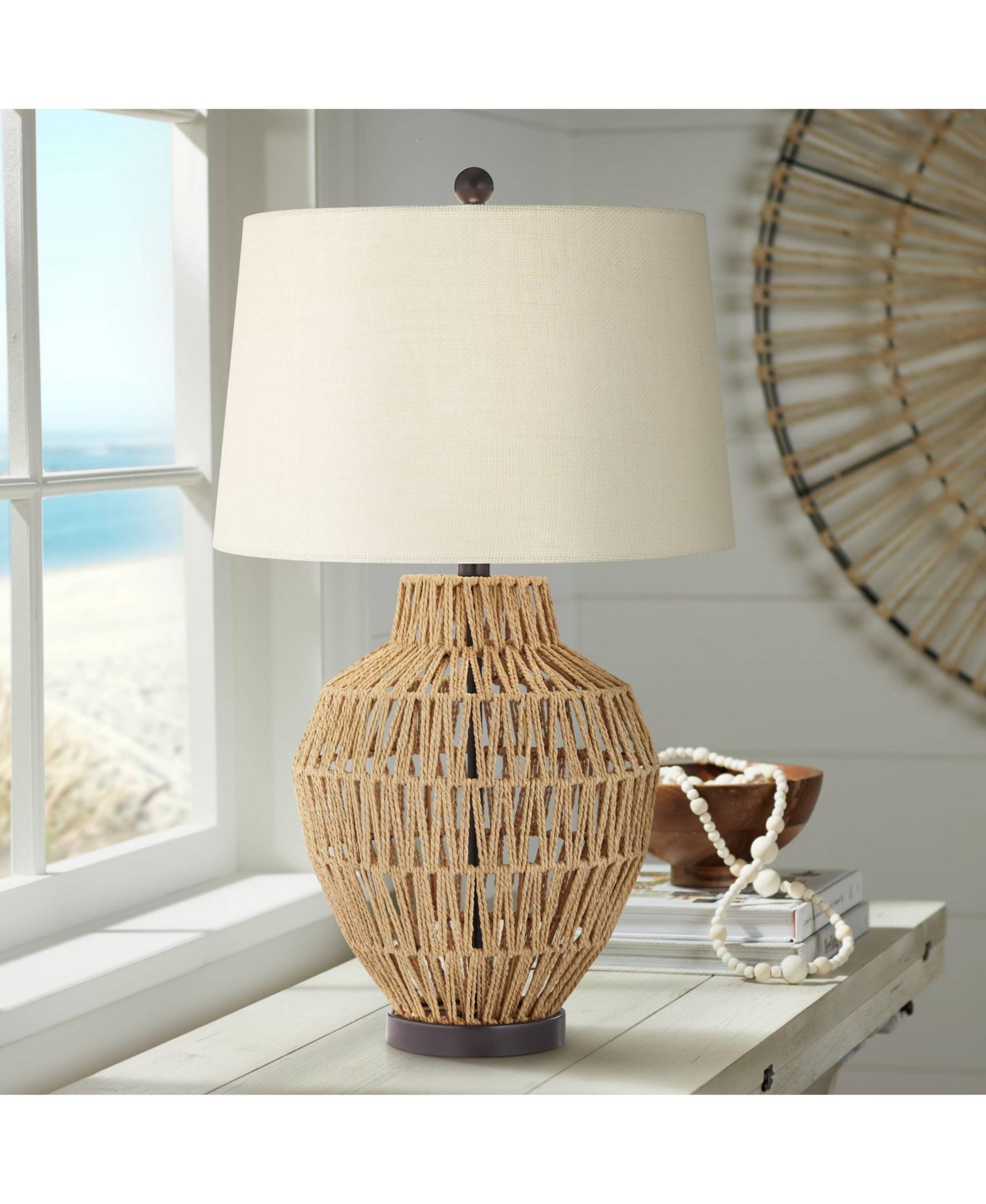 360 Lighting San Marcos Modern Coastal Table Lamp 27" Tall Wicker Oatmeal Drum Shade for Bedroom Living Room Bedside Nightstand Office Kids