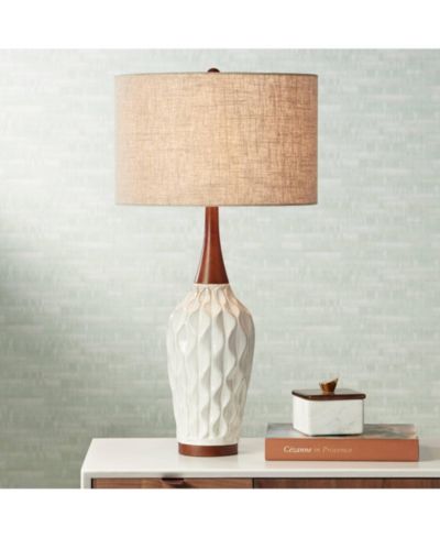 360 Lighting Rocco современная настольная лампа в стиле mid-century, 30" высокая, белая геометрическая керамика и дерево, бежевый тканевый абажур