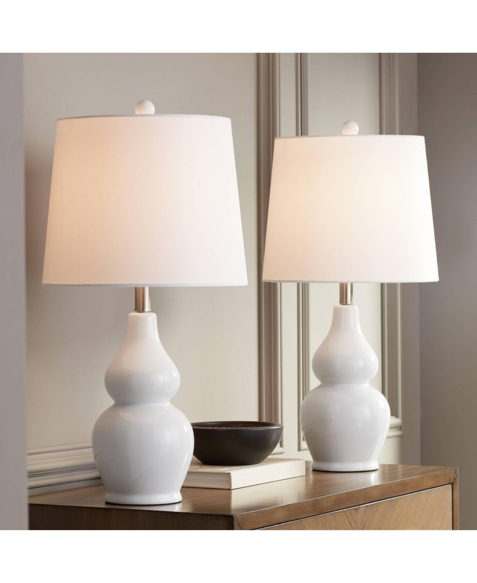 360 Lighting Jane Modern Table Lamps 25" High Set of 2 Ceramic Fabric Drum Shade for Bedroom Living Room
