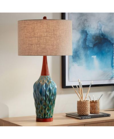 360 Lighting Rocco Modern Mid Century Table Lamp 30" Tall Blue Teal Glaze Ceramic Linen Drum Shade for Bedroom Living Room Bedside Nightstand Office