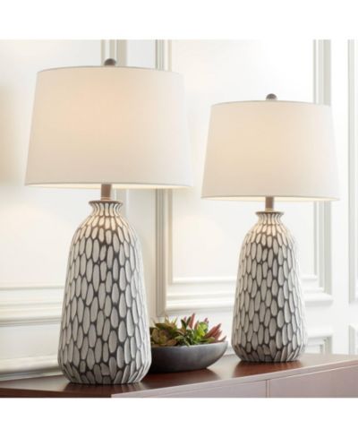 Possini Euro Design Carlton Modern Table Lamps 28 1/4" Tall Set of 2 Gray Wash Off White Fabric Drum Shade for Bedroom Living Room Bedside Nightstand