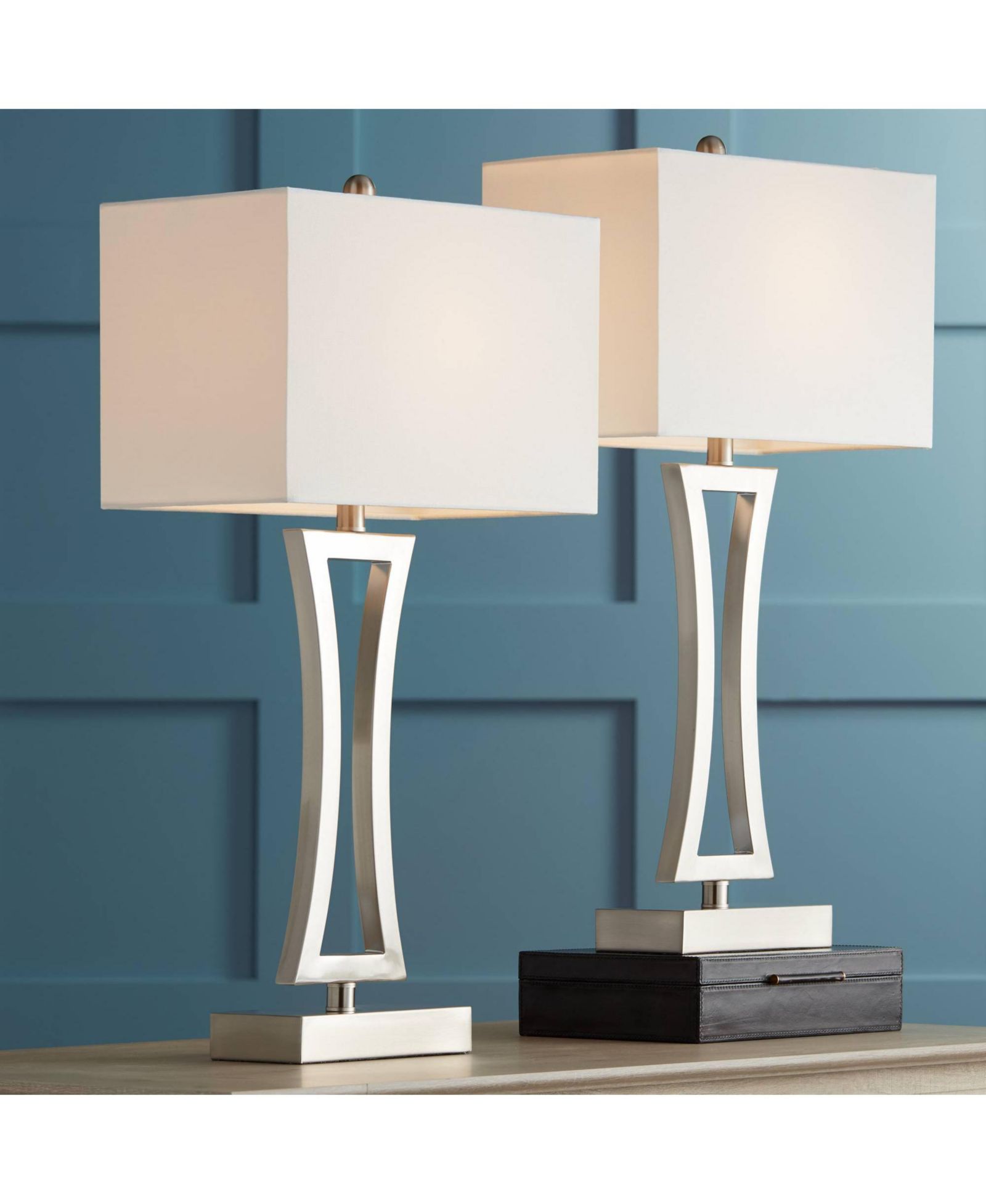 360 Lighting Roxie Modern Table Lamps 31" Tall Set of 2 Brushed Nickel Metal Fabric Rectangular Shade for Bedroom Living Room Bedside Office