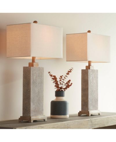 Possini Euro Design Caldwell Rustic Farmhouse Table Lamps 26 3/4" High Set of 2 Earth Tone Hammered Oatmeal Fabric Rectangular Shade for Bedroom