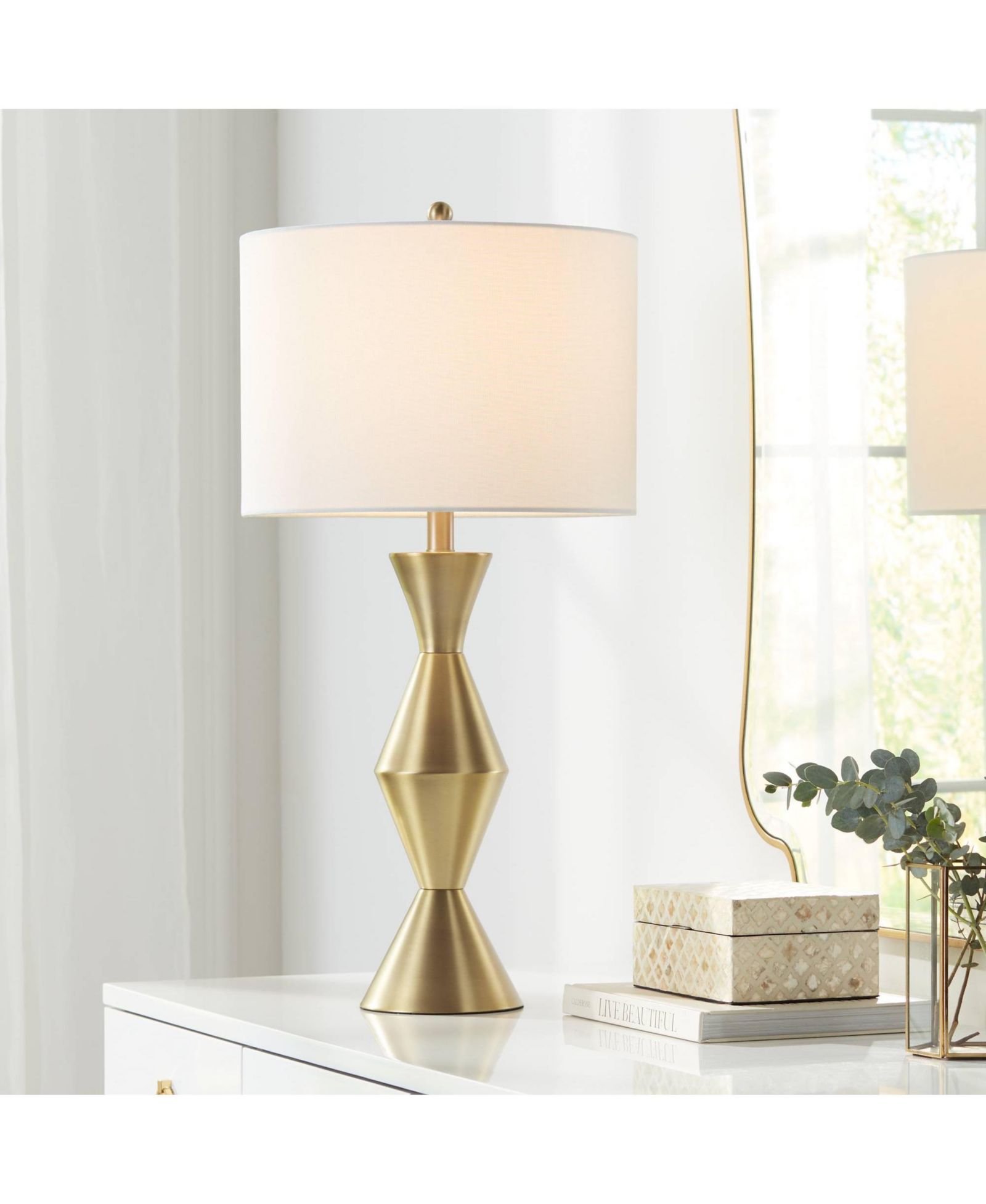 360 Lighting 28" Brass Metal Geometric Elka Modern Mid Century Table Lamp with Drum Shade