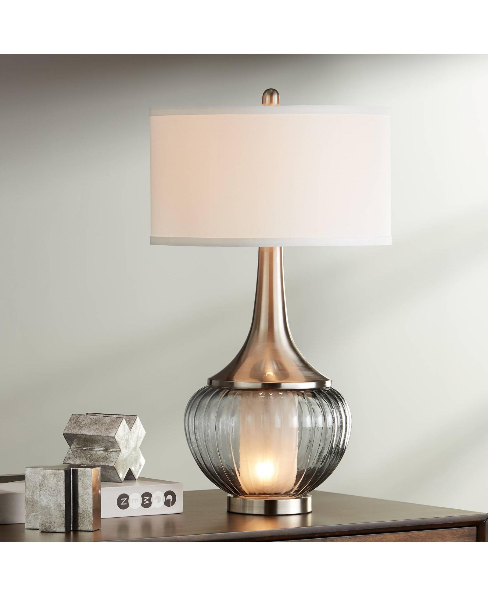 360 Lighting Courtney Modern Table Lamp 28 1/2" Tall Fluted Smoked Glass с тканевым абажуром