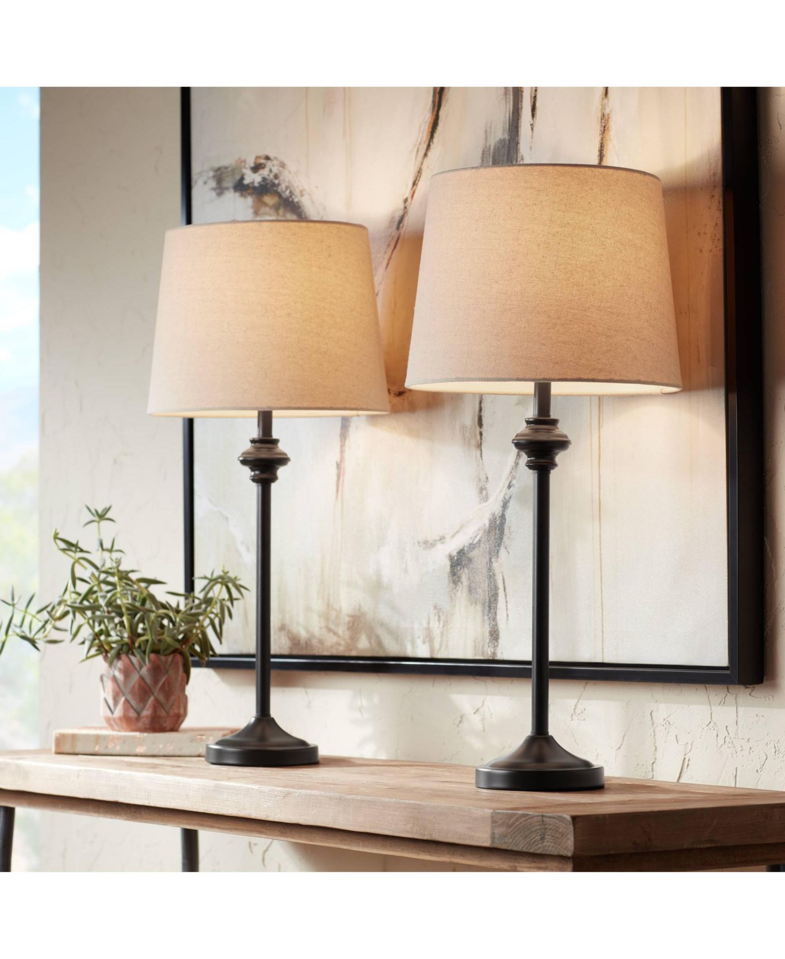Набор из 2 настольных ламп 360 Lighting 26" High Dark Bronze Metal Lynn Modern Industrial с абажуром Oatmeal Drum