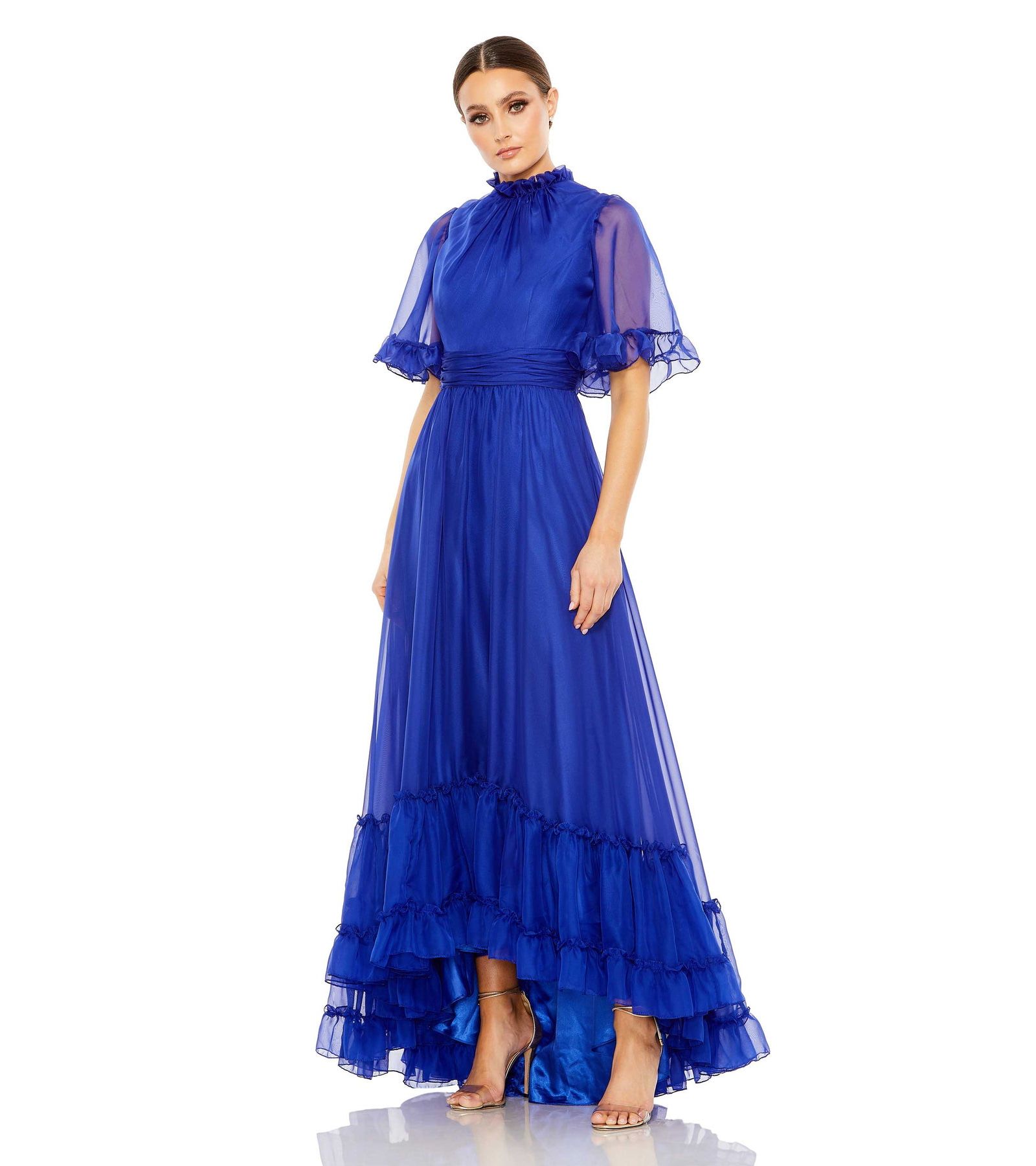 Women's Ruffled High Neck Flutter Sleeve High Low Hem Gown