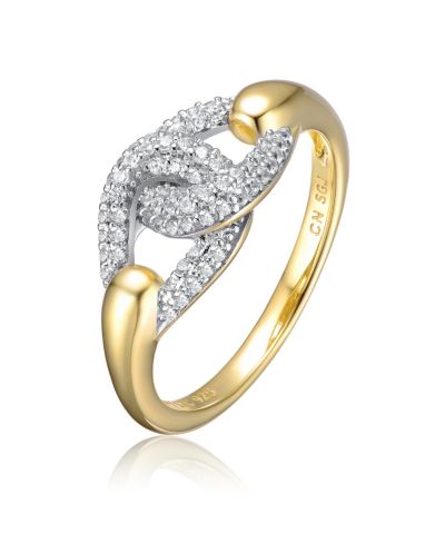 Sterling Silver 14k Yellow Gold Plated with Cubic Zirconia Entwined Double Curb Chain Ring