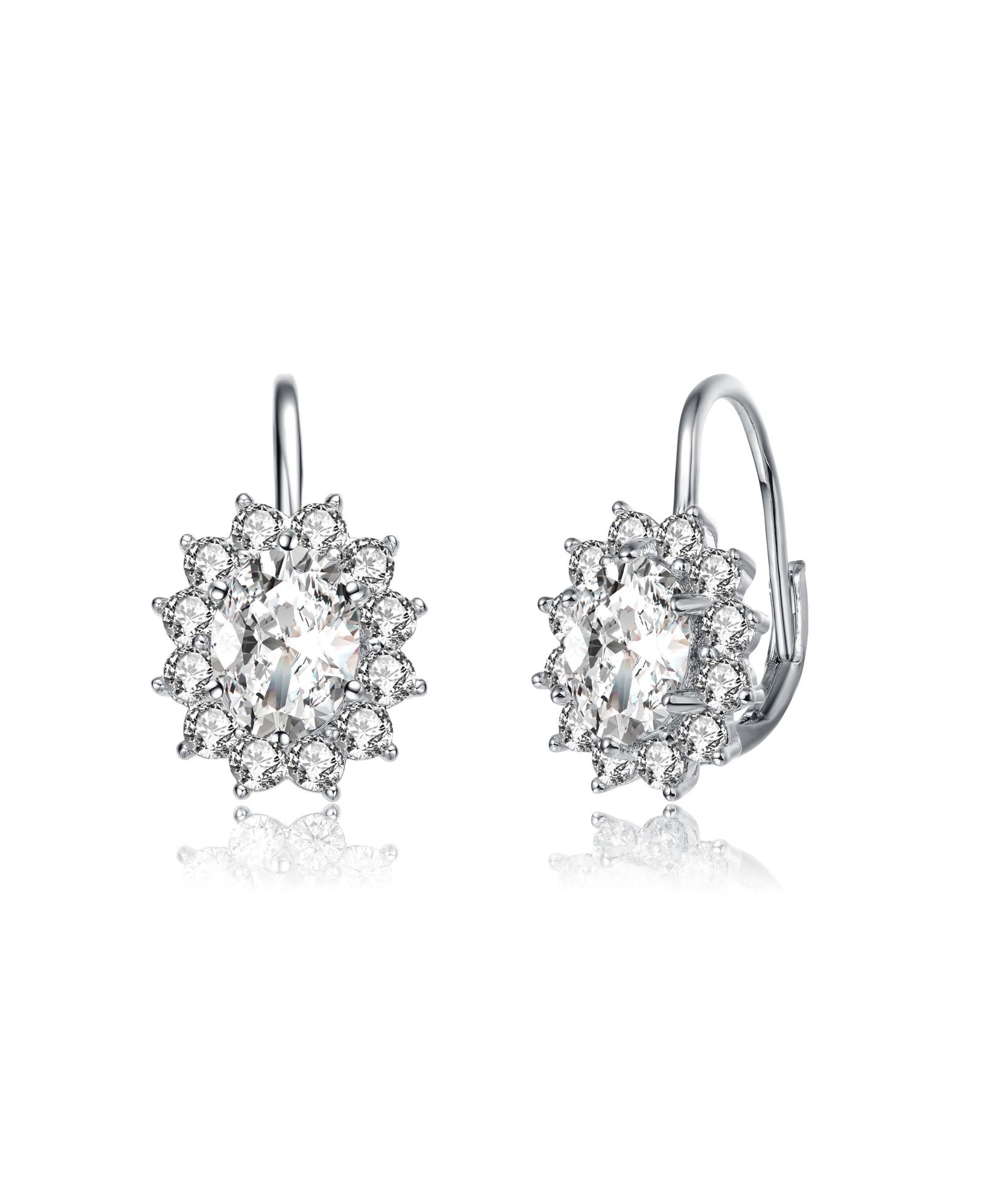 White Gold Plated with Cubic Zirconia Hibiscus Flower Cluster Drop Earrings with Leverback