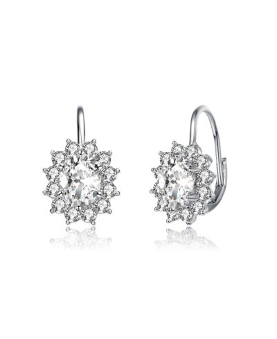 White Gold Plated with Cubic Zirconia Hibiscus Flower Cluster Drop Earrings with Leverback