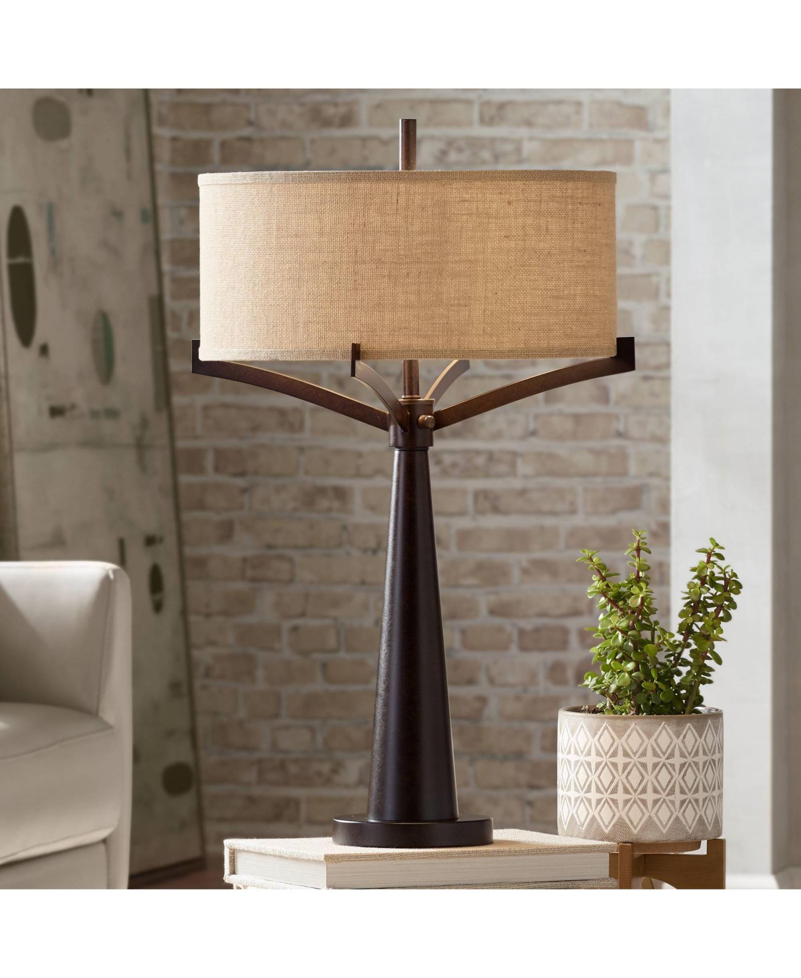 Franklin Iron Works Tremont Industrial Table Lamp 31 1/2" Tall Bronze Metal Burlap Fabric Drum Shade для спальни гостиной прикроватной тумбочки
