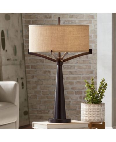 Franklin Iron Works Tremont Industrial Table Lamp 31 1/2" Tall Bronze Metal Burlap Fabric Drum Shade для спальни гостиной прикроватной тумбочки