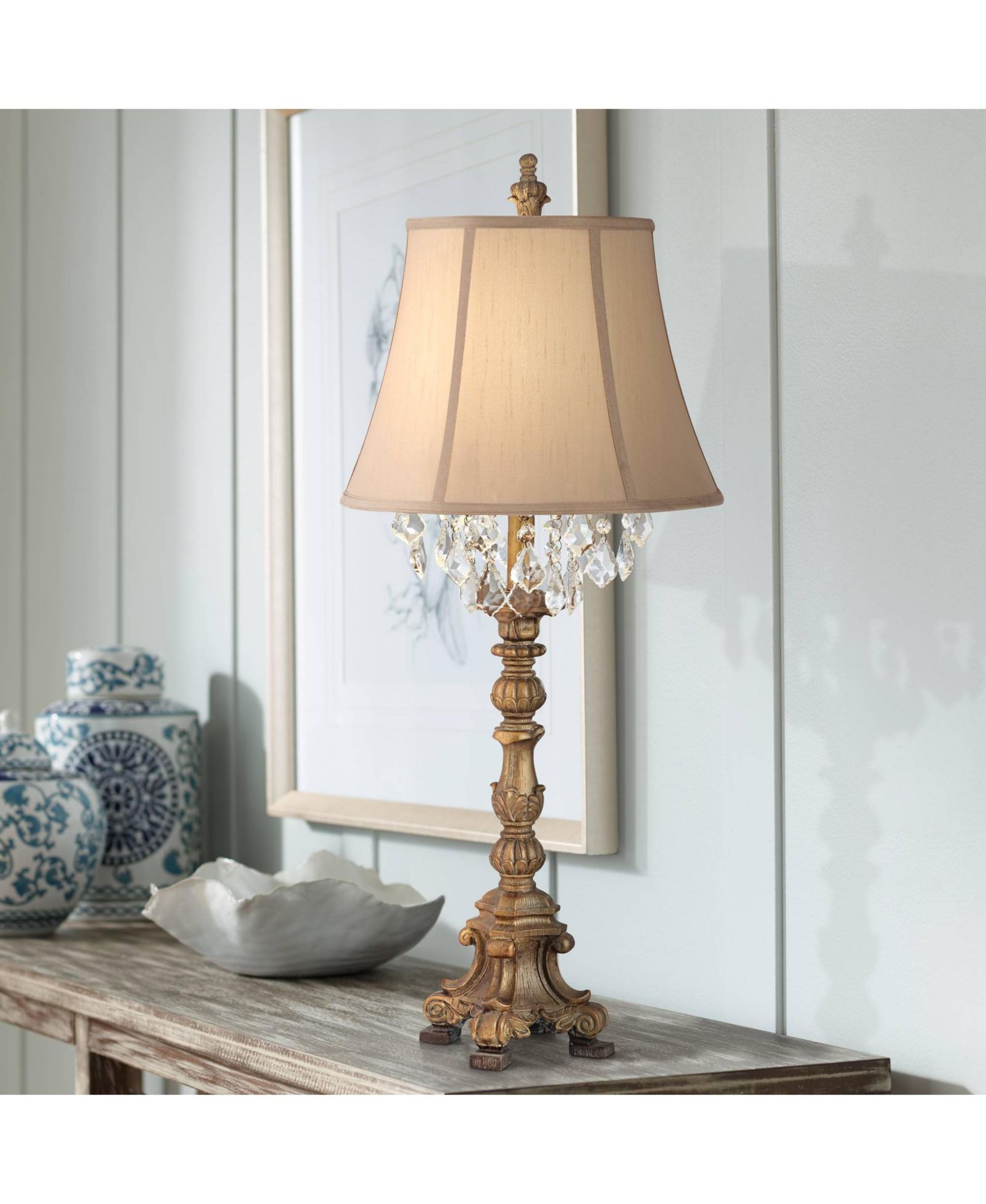 Barnes and Ivy Duval Traditional Table Lamp 33" Tall Aged Candlestick Crystal Fabric Bell Shade for Bedroom Living Room Bedside Office Family
