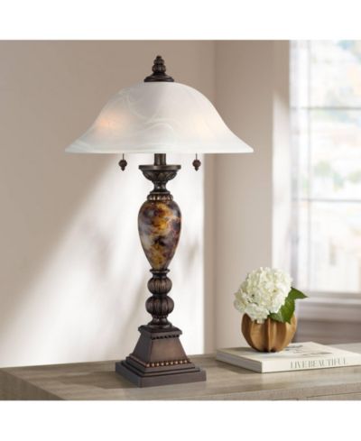 Kathy Ireland 27" Tall Aged Bronze Faux Marble Alabaster Glass Dome Shade Mulholland Traditional Vintage like Table Lamp