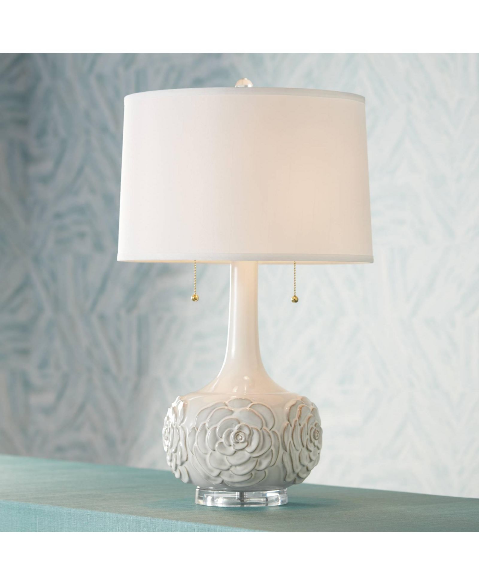Possini Euro Design Natalia Modern Country Cottage Table Lamp 27" Tall White Ceramic Glaze Textured Floral Drum Shade for Bedroom Living Room Bedside