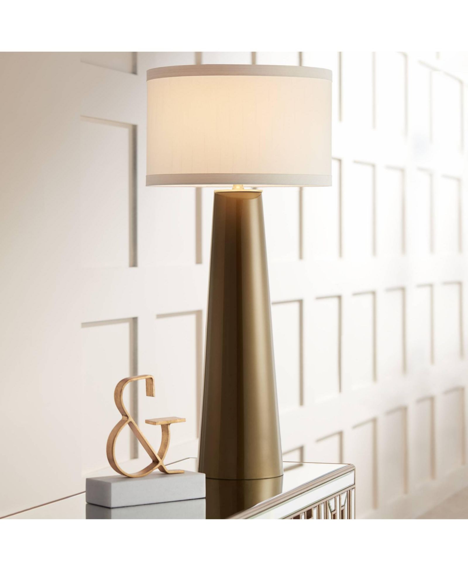 Possini Euro Design Karen Modern Table Lamp 36" Tall Dark Gold Glass Off Fabric Drum Shade for Bedroom Living Room Bedside Nightstand Office
