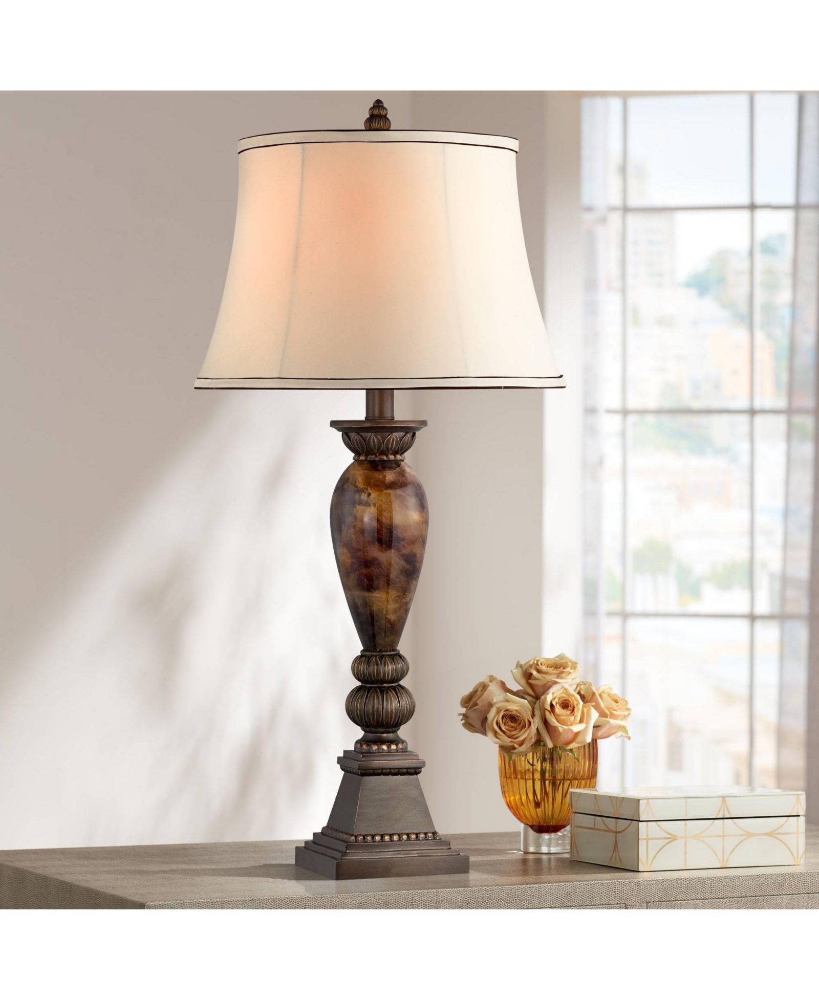 Kathy Ireland Mulholland Traditional Vintage like  Table Lamp 33" Tall Aged Bronze Golden Faux Marble Bell Shade for Living Room Bedroom