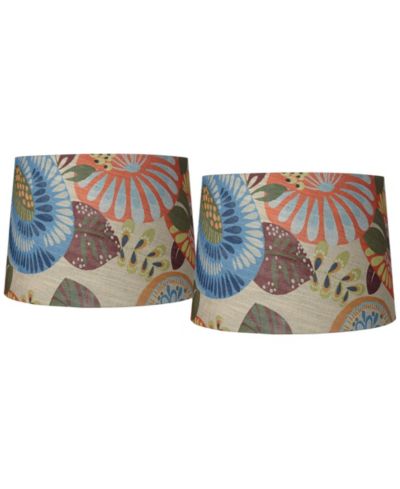 Springcrest Collection Set of 2 Drum Lamp Shades Multi Color Tropic Floral Medium 14" Top x 16" Bottom x 11" Slant Spider with Harp and Finial Fitting