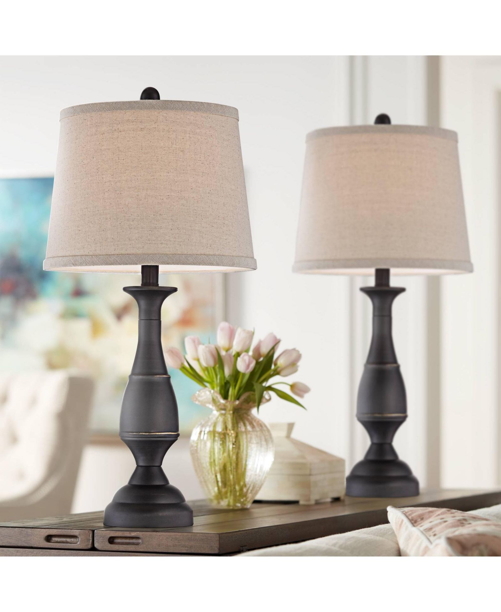 Настольные лампы Regency Hill Metal Linen Drum Shade, комплект из 2 шт., Rustic Farmhouse