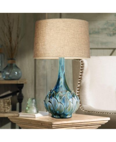 Настольная лампа Possini Euro Design Kenya Modern Blue Green Glaze Ceramic Beige Linen Shade