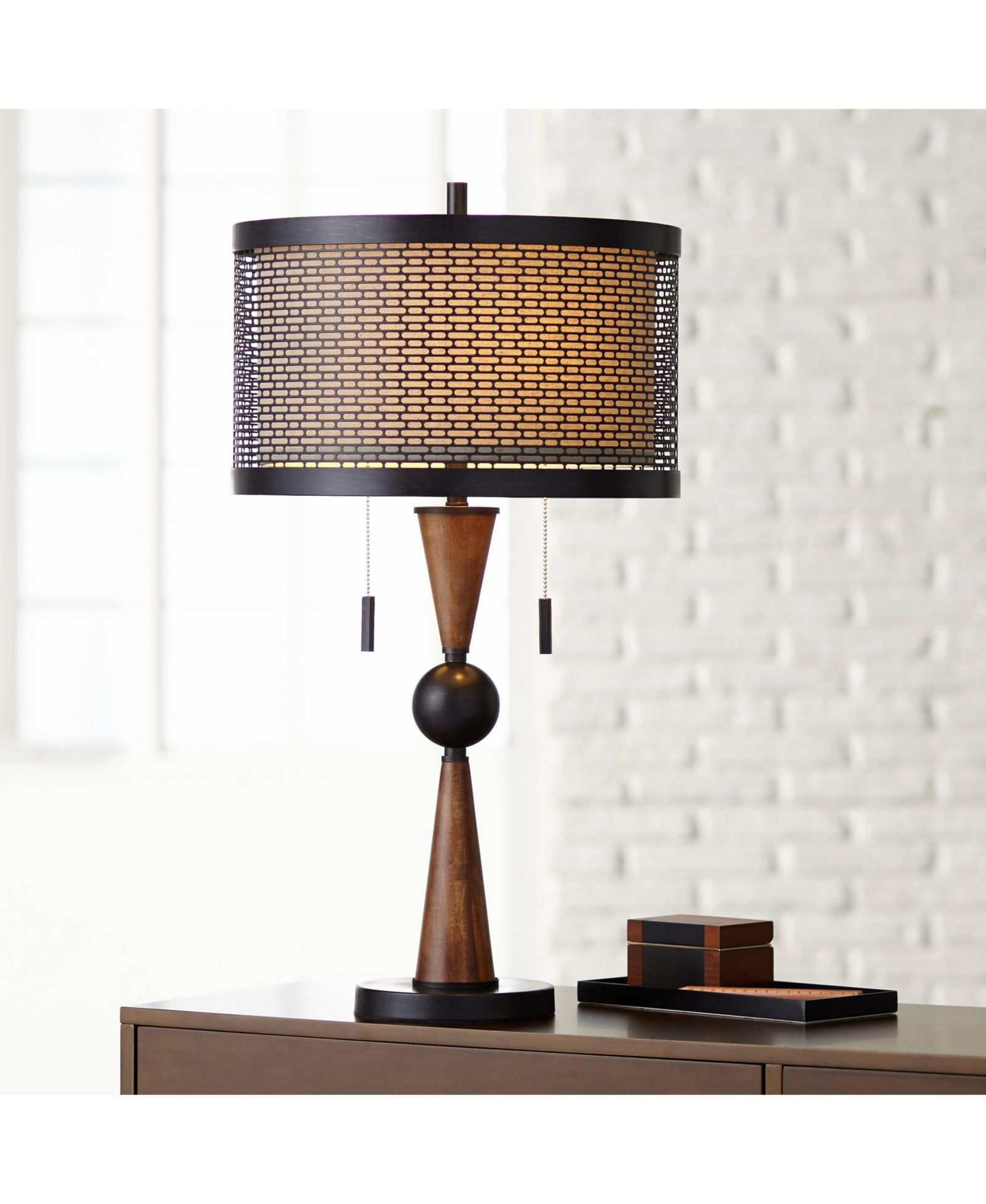 Настольная лампа Franklin Iron Works Hunter Modern Rustic Farmhouse, Cherry Wood Bronze Metal Double Drum Shade