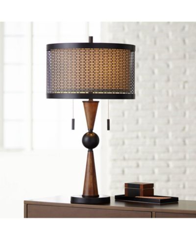 Настольная лампа Franklin Iron Works Hunter Modern Rustic Farmhouse, Cherry Wood Bronze Metal Double Drum Shade