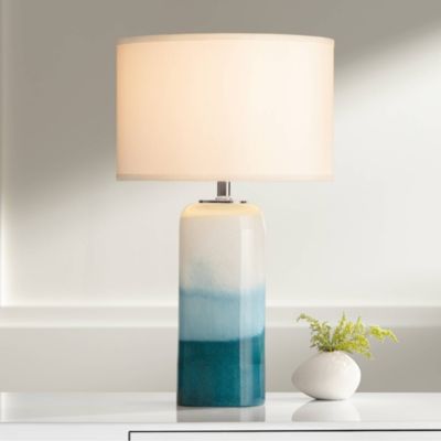 Possini Euro Design Roxanne Coastal Table Lamp 25" High White Blue Glass with LED Nightlight Drum Shade for Bedroom Living Room Bedside Nightstand