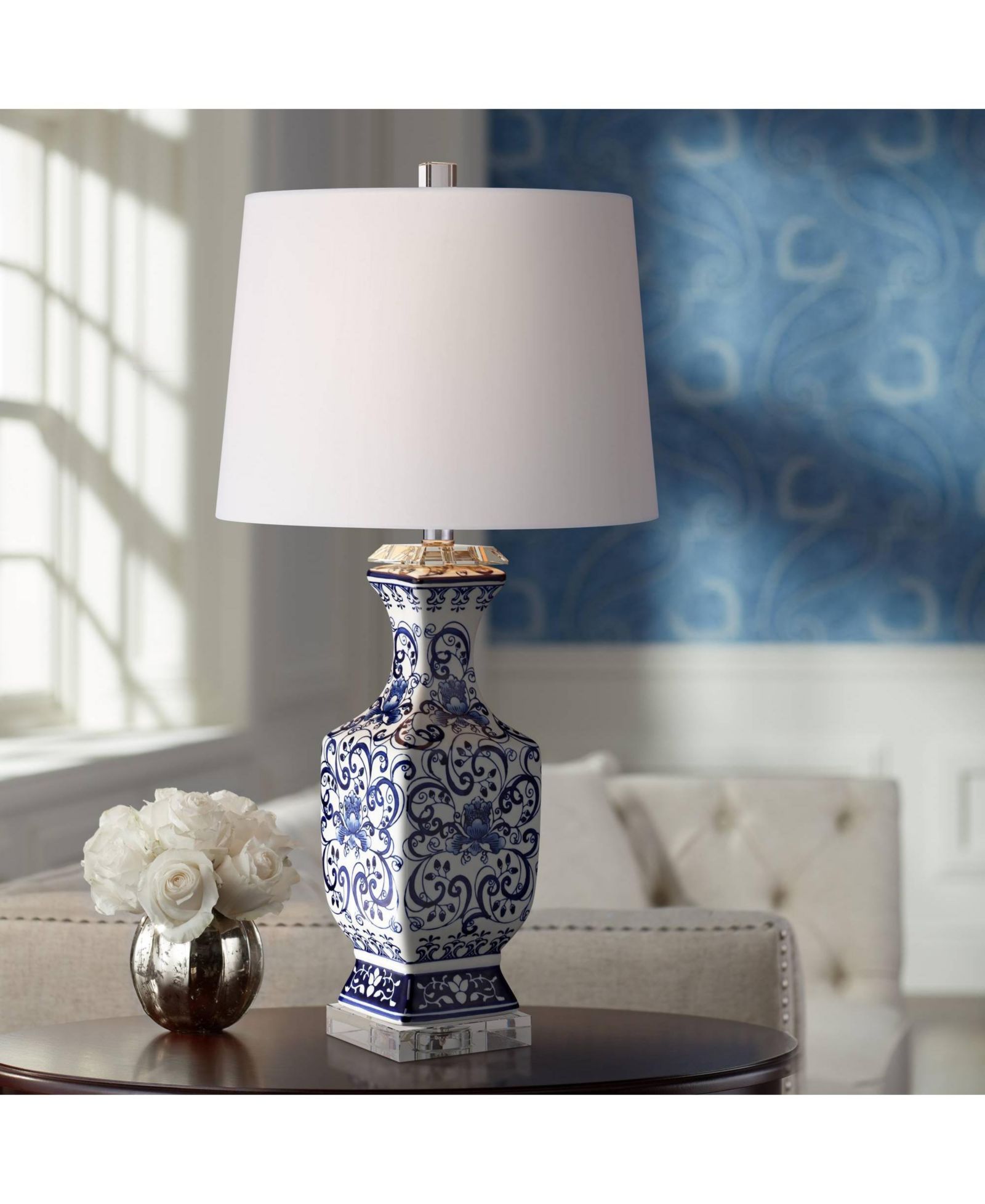 Настольная лампа Barnes and Ivy Iris Vintage Porcelain Floral Jar Geneva Drum Shade Decor