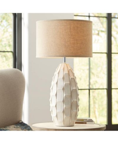 Possini Euro Design современная настольная лампа, 32 3/4" белая керамика, бежевый тканевый абажур