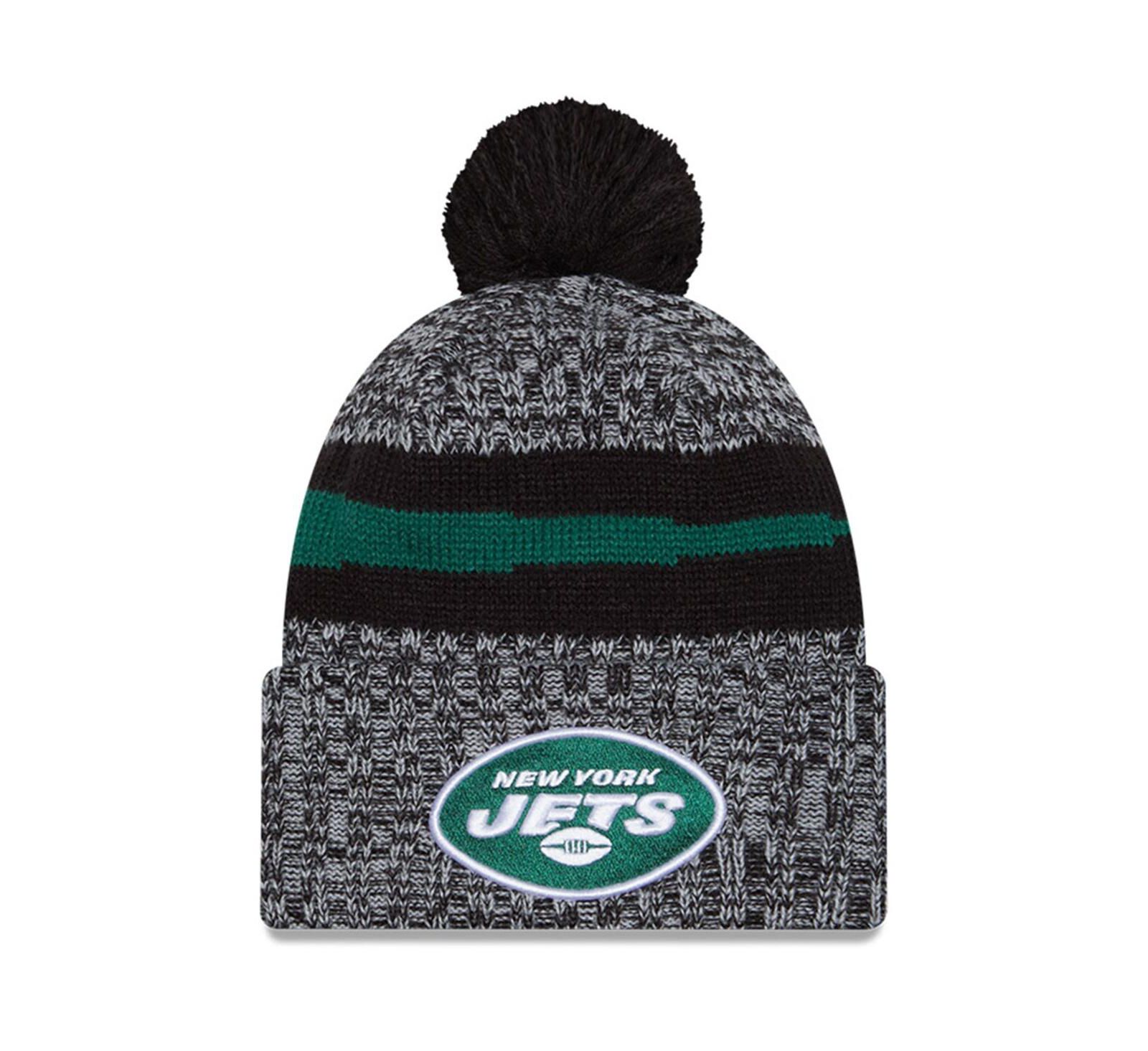 Мужская вязаная шапка New Era Black New York Jets 2023 Sideline Cuffed Knit Hat с помпоном