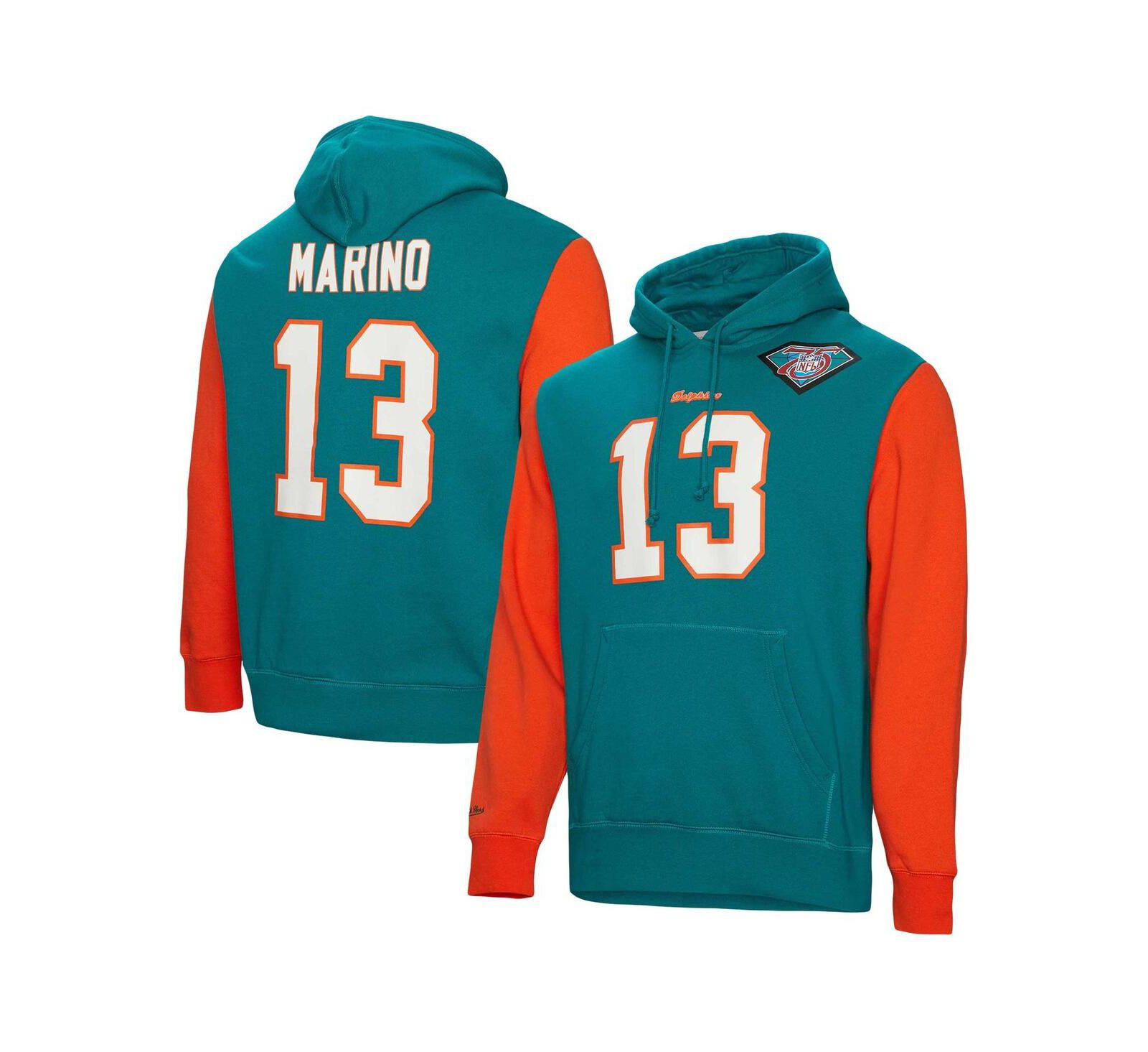 Мужская толстовка Mitchell & Ness Dan Marino Aqua Miami Dolphins Retired Player Name and Number Pullover Hoodie