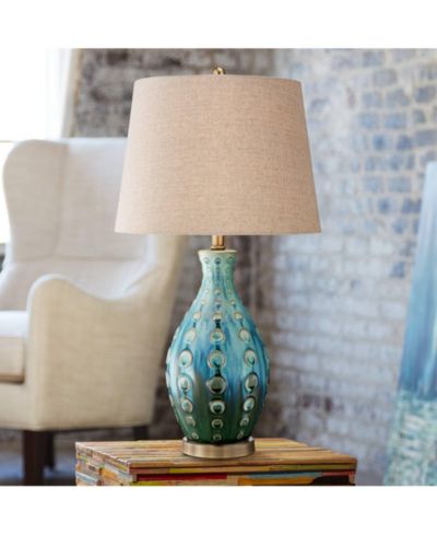 360 Lighting Mid Century Modern Настольная лампа Vase 26.5" High Teal Handmade Tan Linen Tapered Drum Shade для гостиной, спальни (Цвет может отличаться)