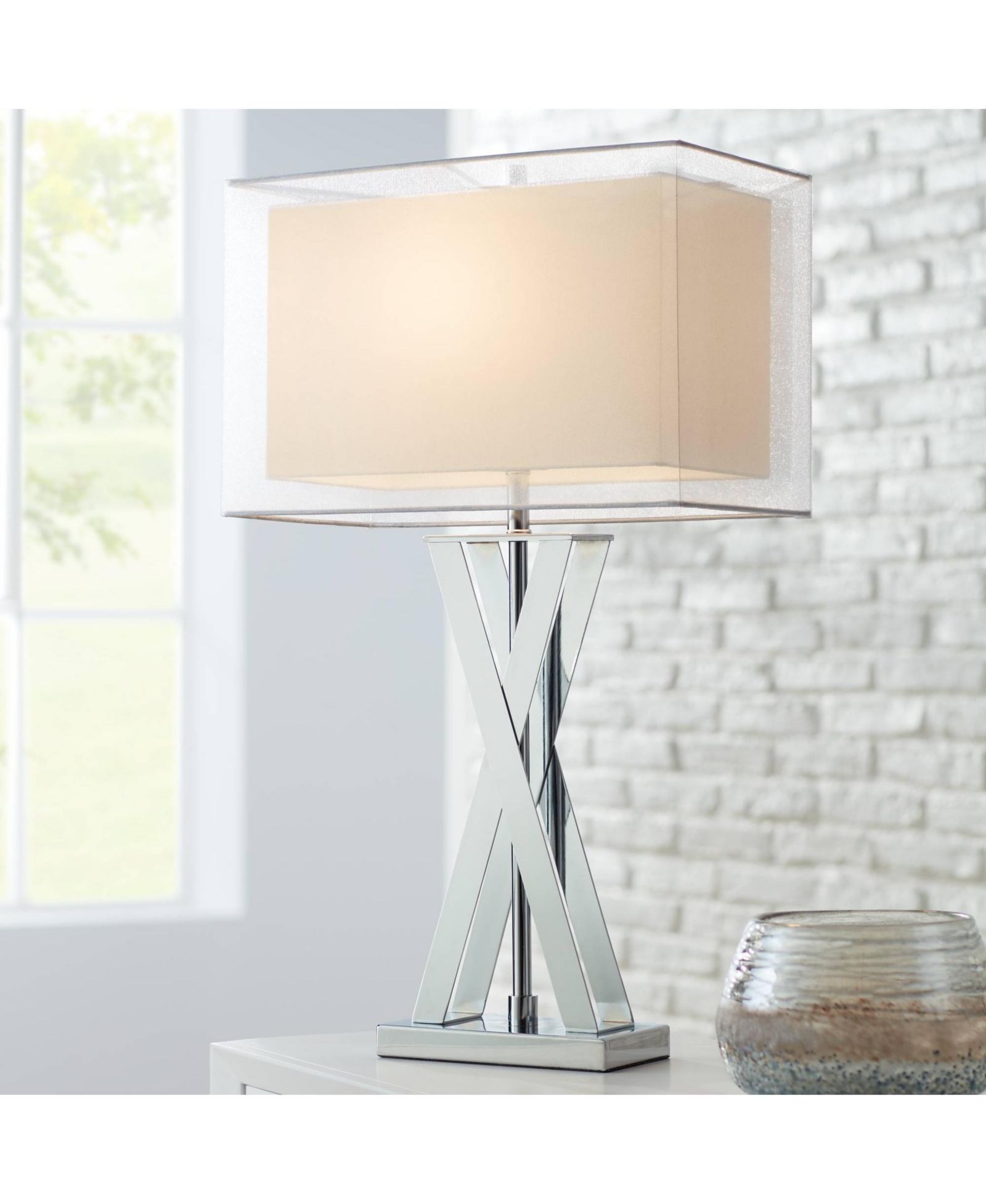 Possini Euro Design Proxima Modern Table Lamp 28" Tall Chrome Crisscrossing Metal Sheer Outer Inner Rectangular Shade for Bedroom House Home
