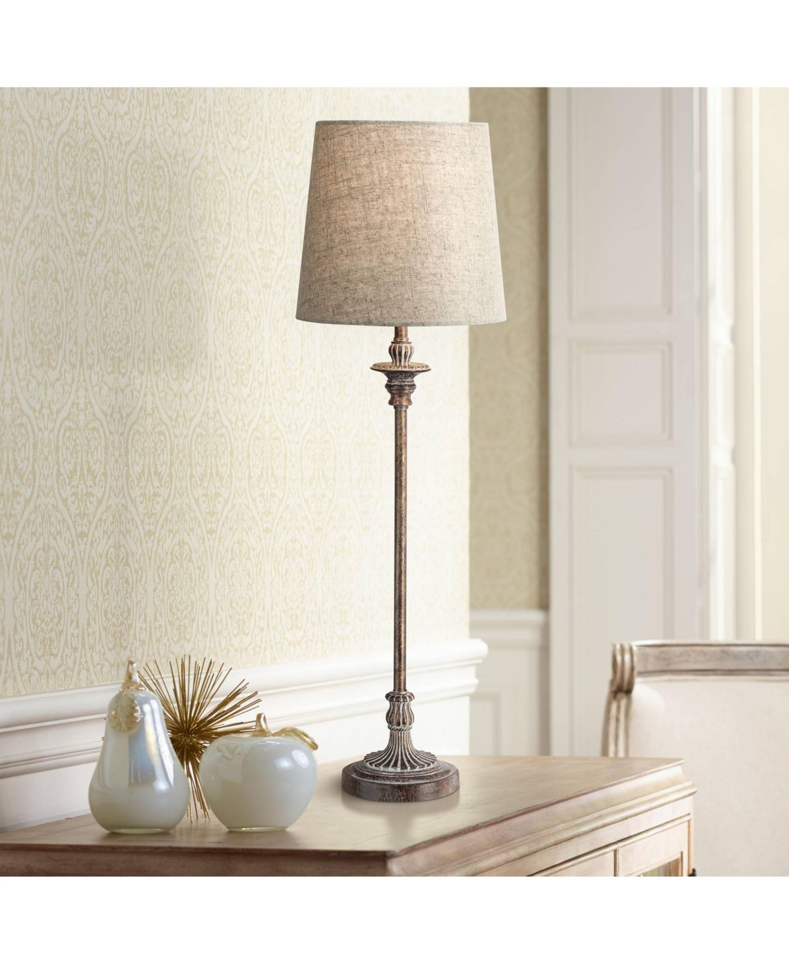 Regency Hill Bentley Traditional Buffet Table Lamp 31 1/2" Tall Weathered Linen Fabric Drum Shade for Bedroom Living Room Bedside Nightstand