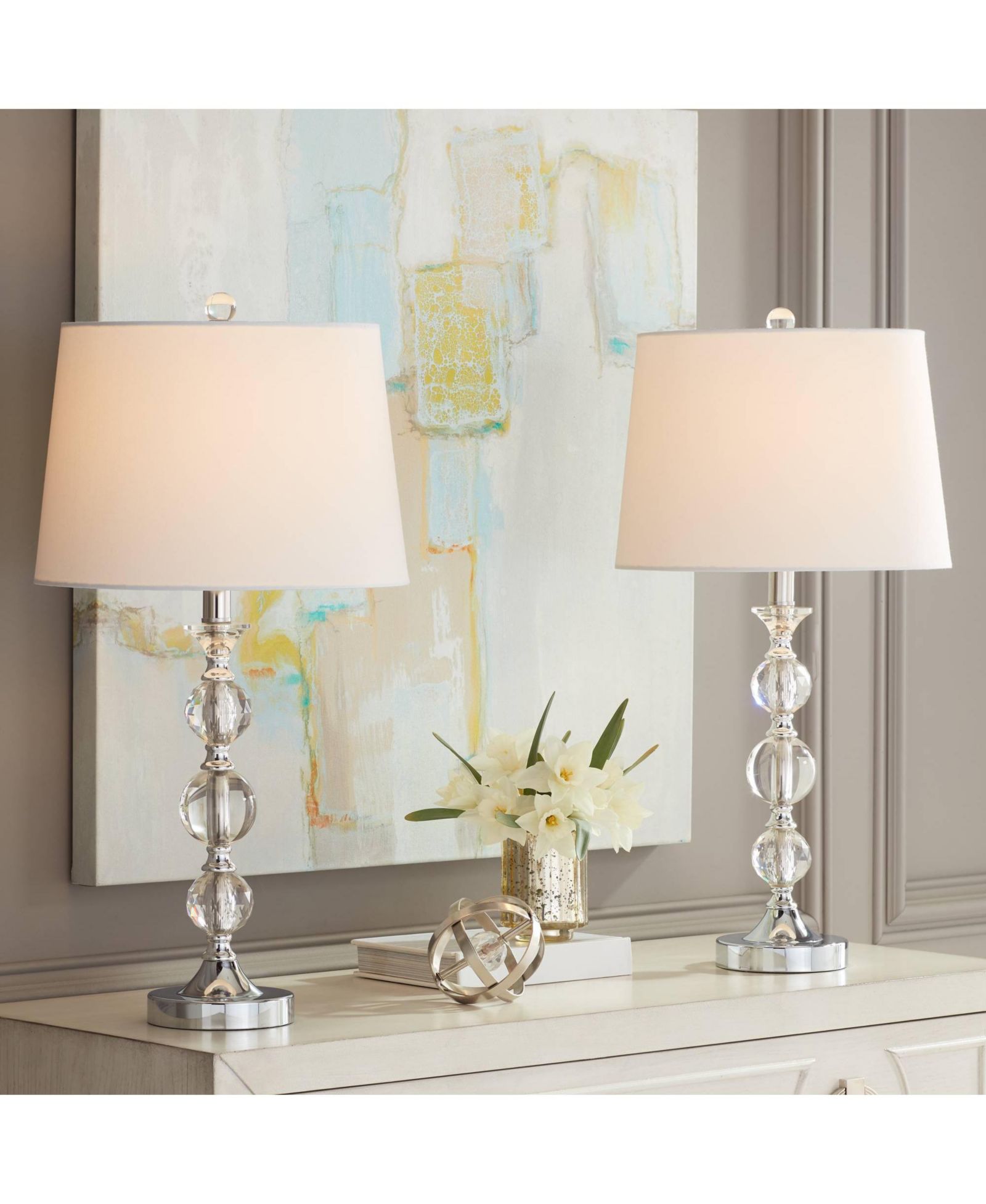 360 Lighting Set of 2 Solange 25" High Modern Glam Table Lamps Silver Finish Stacked Crystal Shade