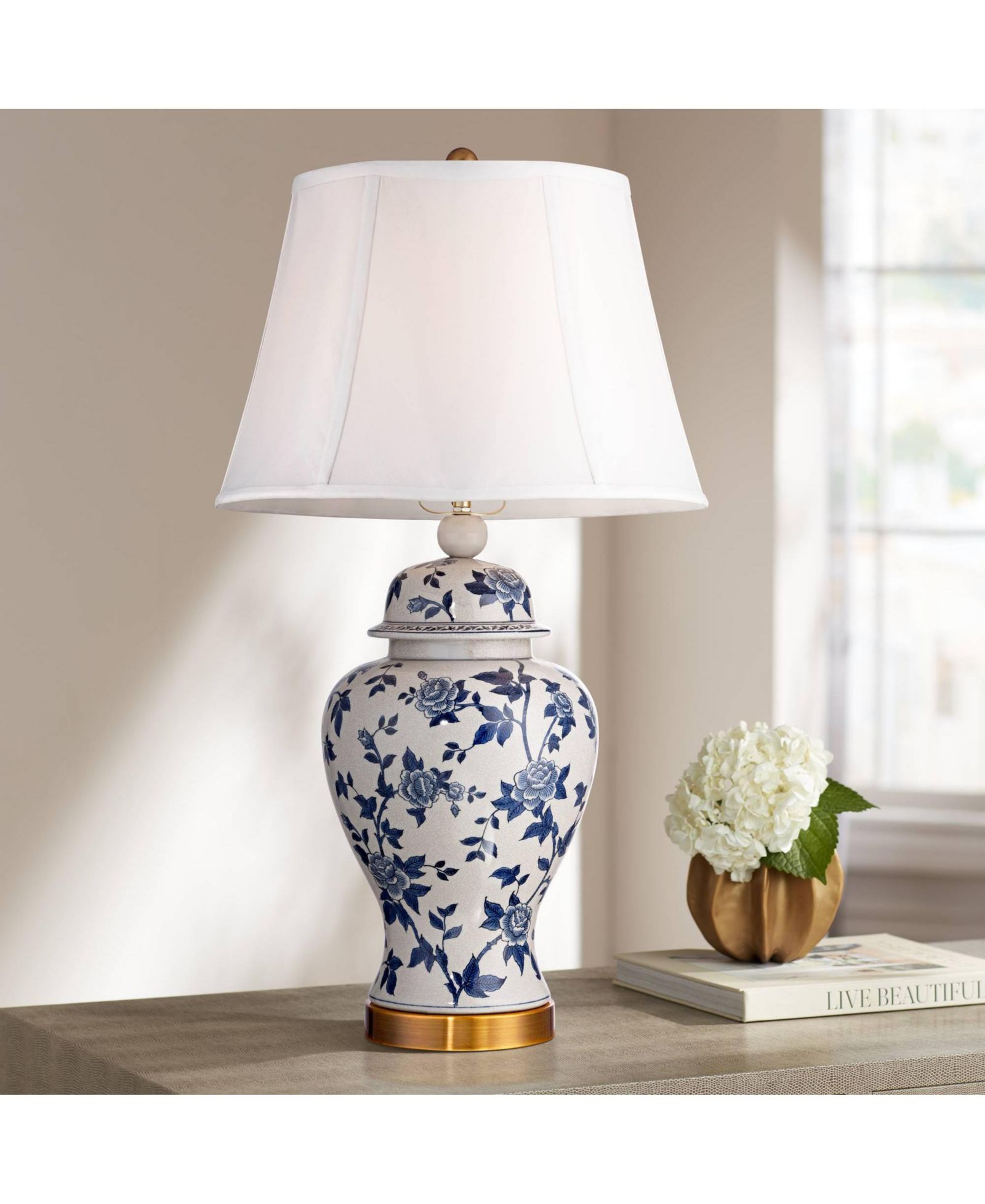 Barnes and Ivy классическая настольная лампа 25" High Crackle Ceramic Blue and White Rose Vine Temple Jar White Bell Shade