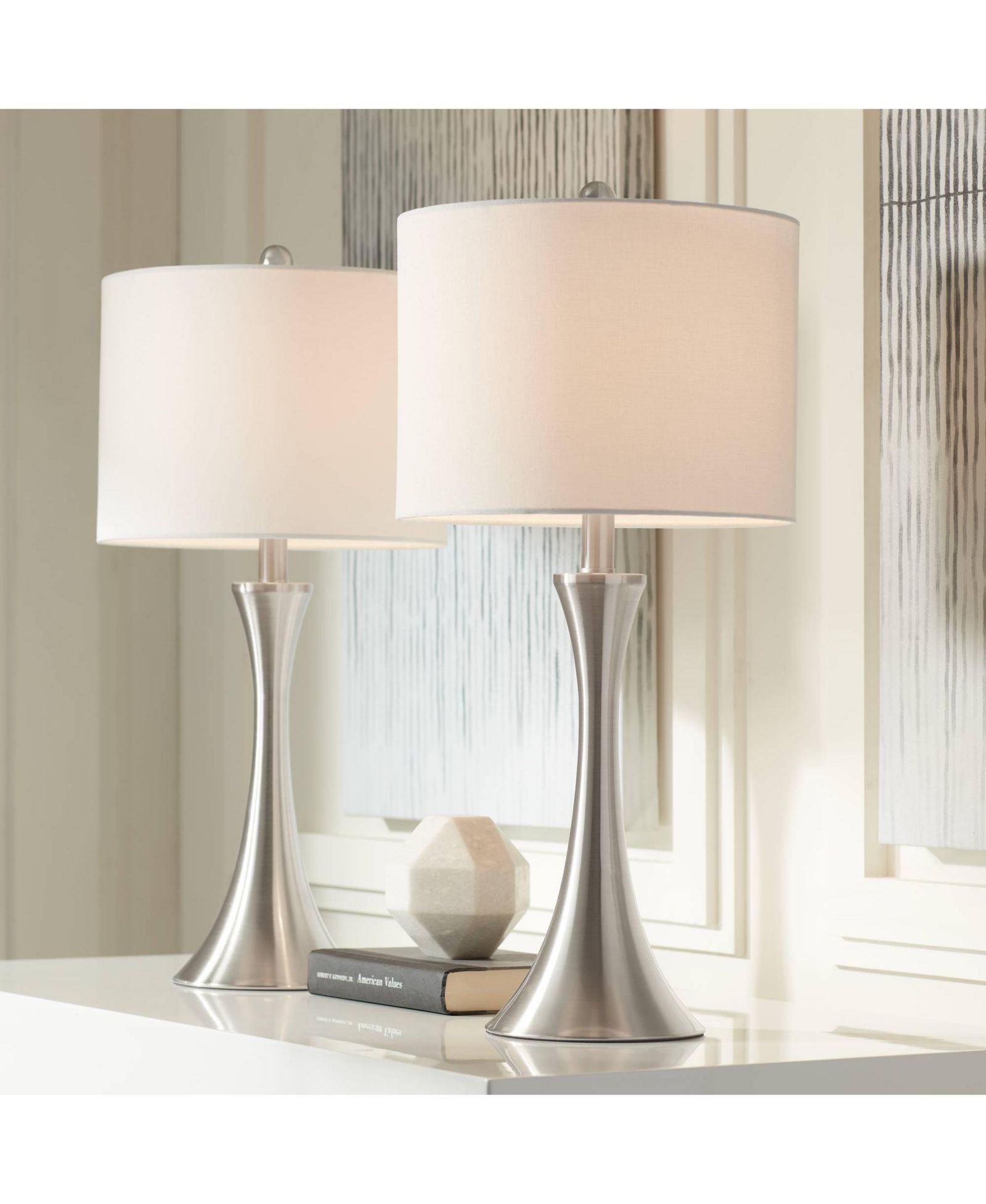 Possini Euro Design Gerson Modern Table Lamps 24" High Set of 2 Brushed Nickel with Dimmers LED White Drum Shade for Bedroom Living Room