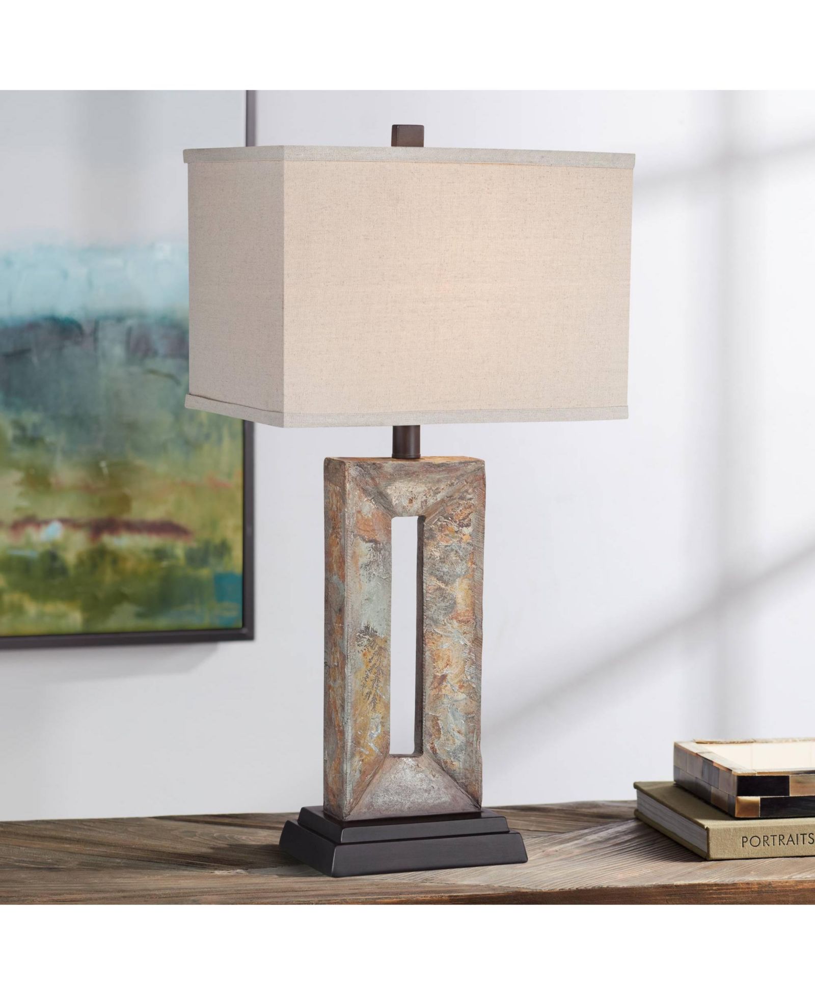Franklin Iron Works Tahoe Rustic Table Lamp 26" High Natural Stale Rectangular Box Shade for Bedroom Living Room Bedside Nightstand Office Kids House