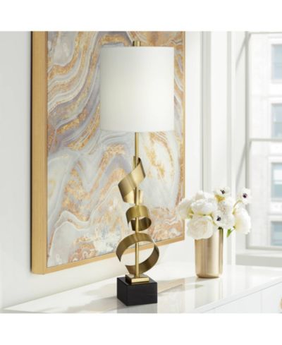 Possini Euro Design Modern Buffet Table Lamp 32" Tall Sculptural Gold Metal Scroll White Drum Shade for Bedroom Living Room Bedside Nightstand Office